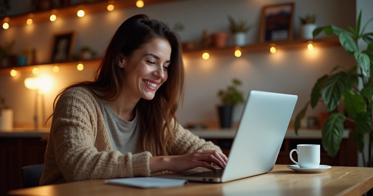 Mulher trabalhando de casa em vendas digitais no notebook, sorrindo 