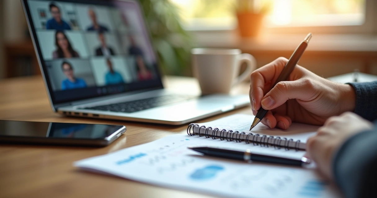 Pessoa anotando pontos de venda durante reunião virtual 