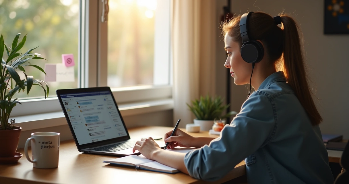 Pessoa em home office com caderno, laptop aberto e fones de ouvido. 