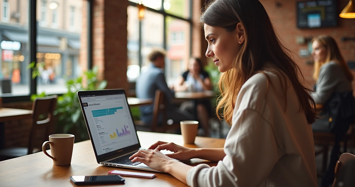 Mulher utilizando notebook em cafeteria moderna, focada em tela 