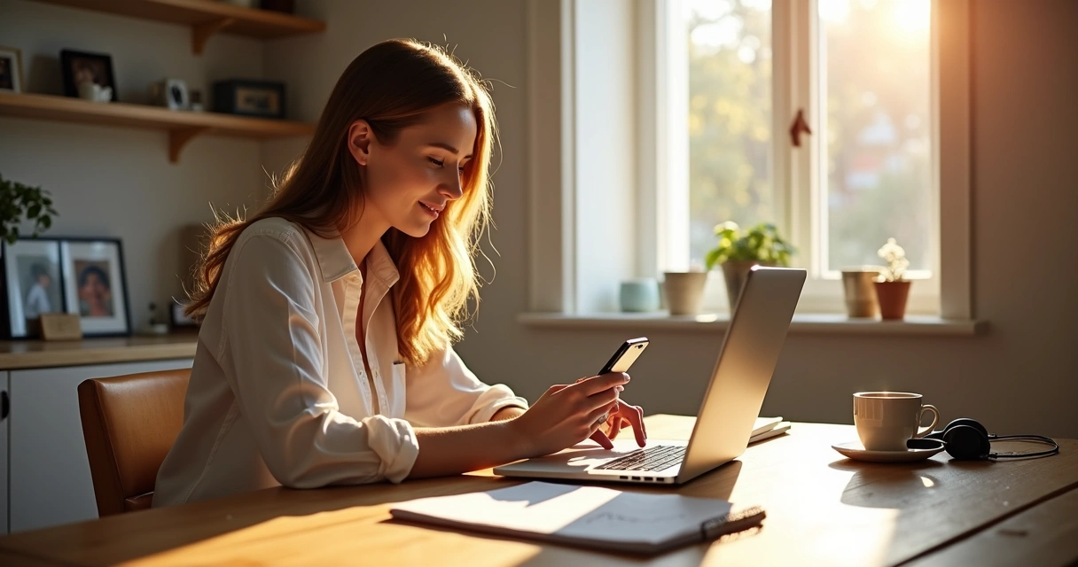 Pessoa sentada à mesa trabalhando remotamente no notebook com o celular em mãos, ambiente iluminado por luz natural 