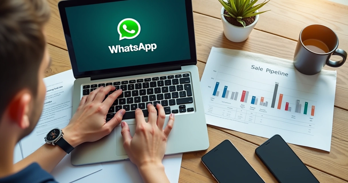 Pessoa digitando em notebook e usando WhatsApp no trabalho remoto 