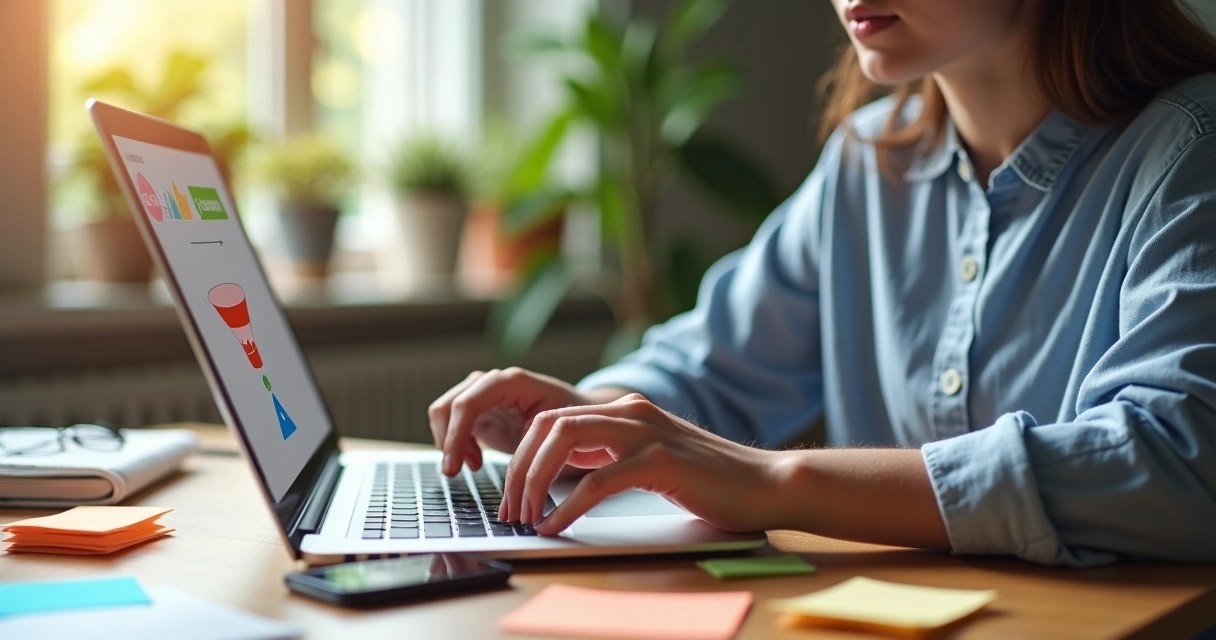 Profissional utilizando notebook com gráficos de vendas online ao fundo