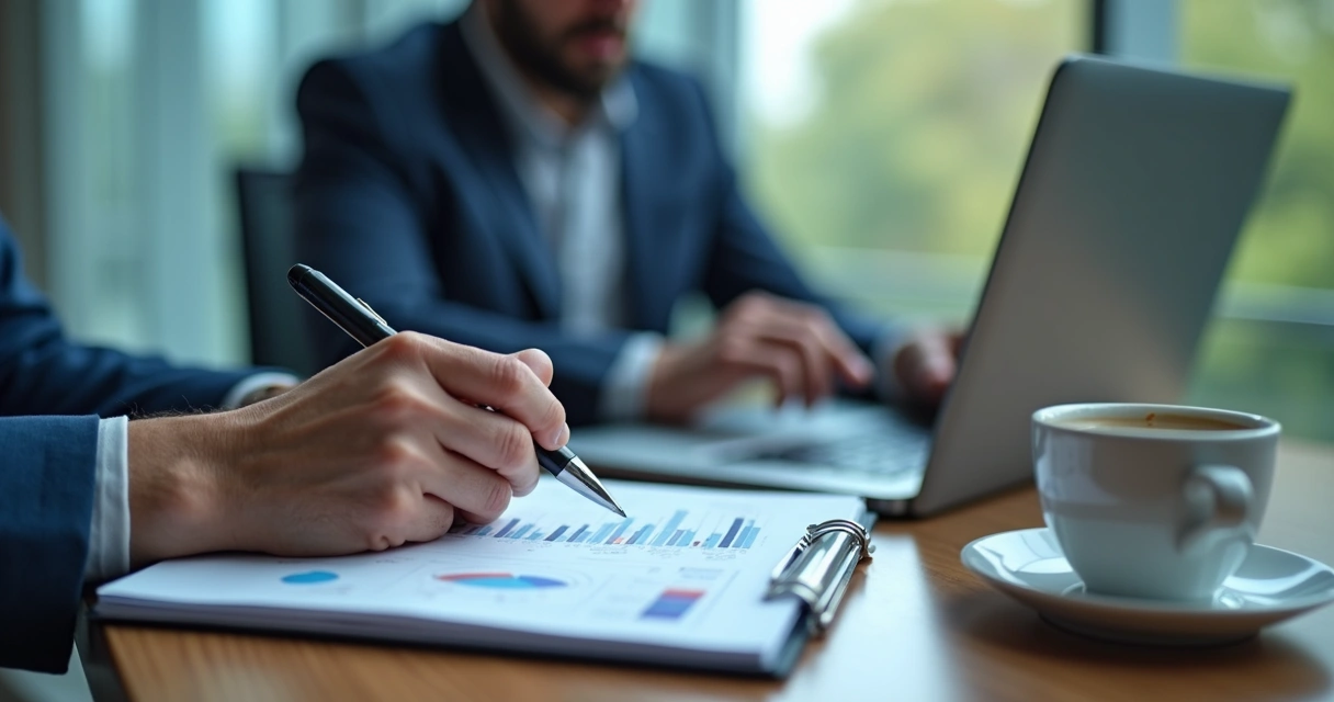 Pessoa analisando perfil de empresa no notebook, anotações à mão e gráficos. 