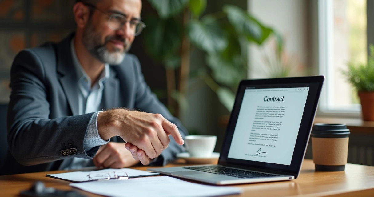 Homem fecha contrato digital com cliente via notebook 