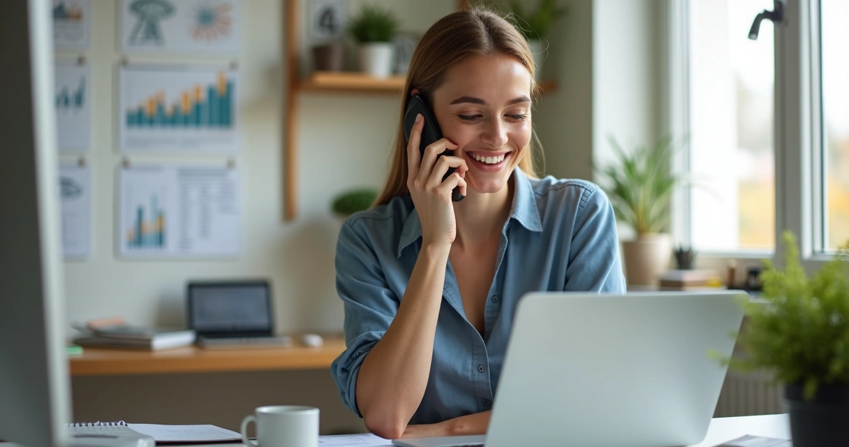 Pessoa trabalhando em home office atendendo clientes no notebook e celular 