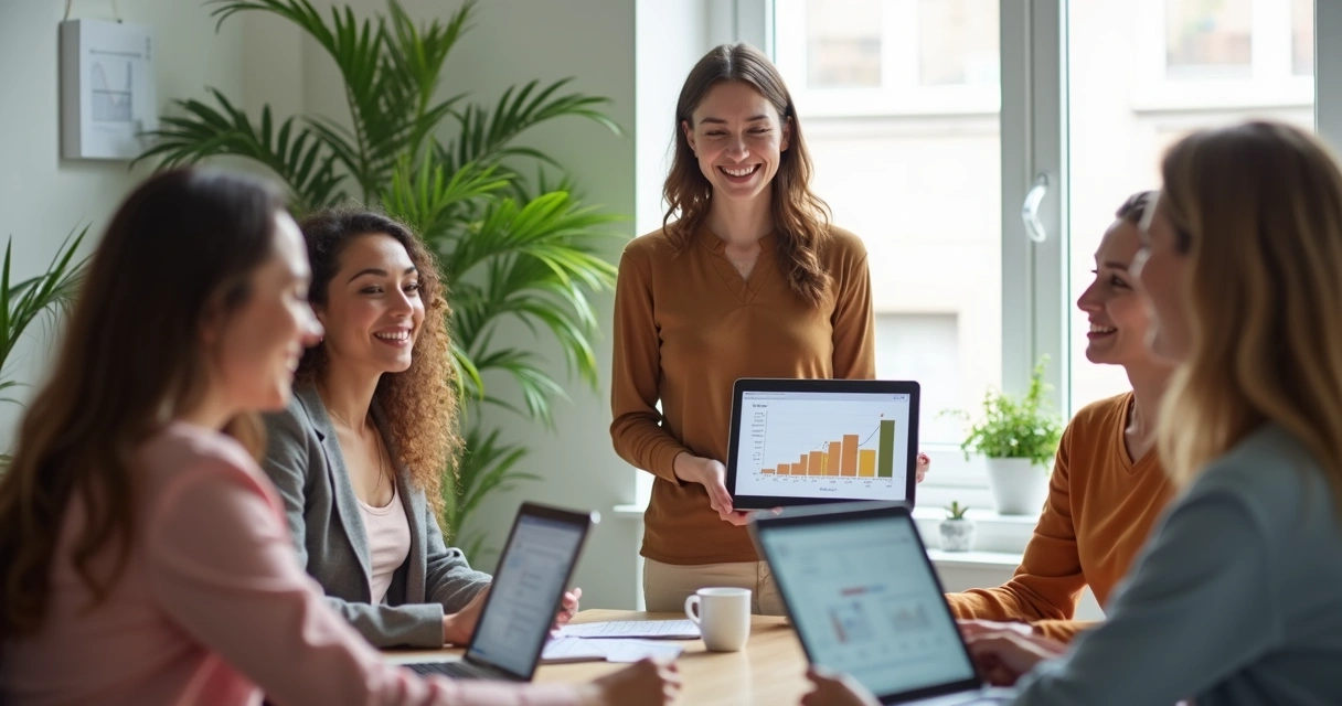 Mulheres sorrindo, liderando equipe de vendas digital 