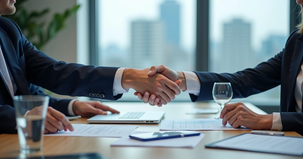 Profissional de vendas negociando com cliente em ambiente corporativo 