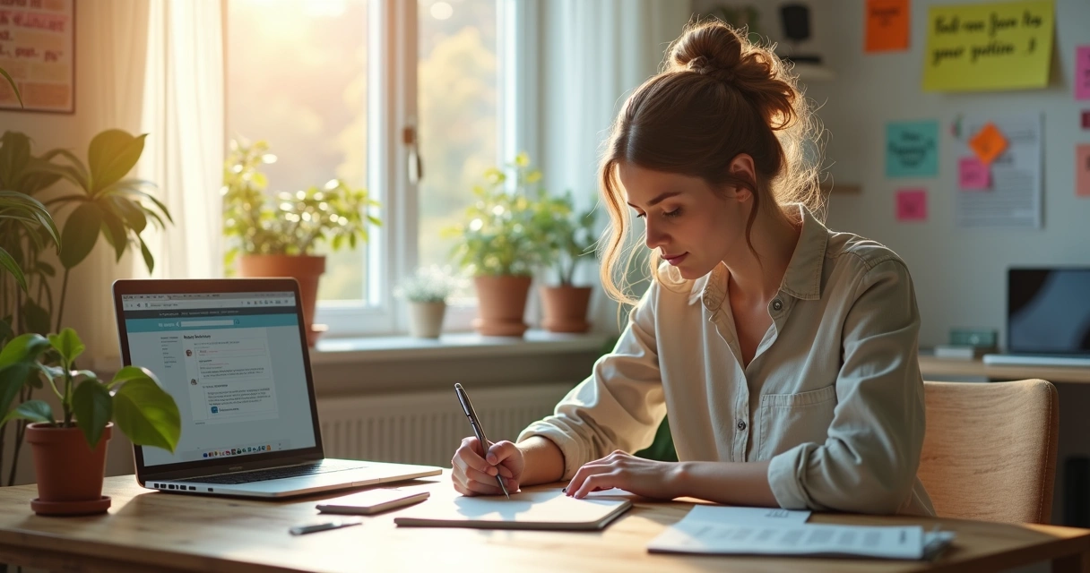 Mulher escrevendo anotações sobre gatilhos mentais enquanto trabalha em home office 
