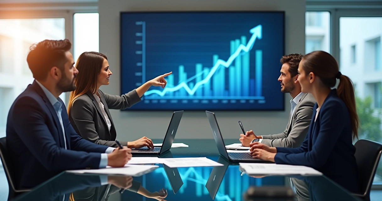 Equipe de vendas discutindo estratégias em sala moderna, com gráficos na parede 