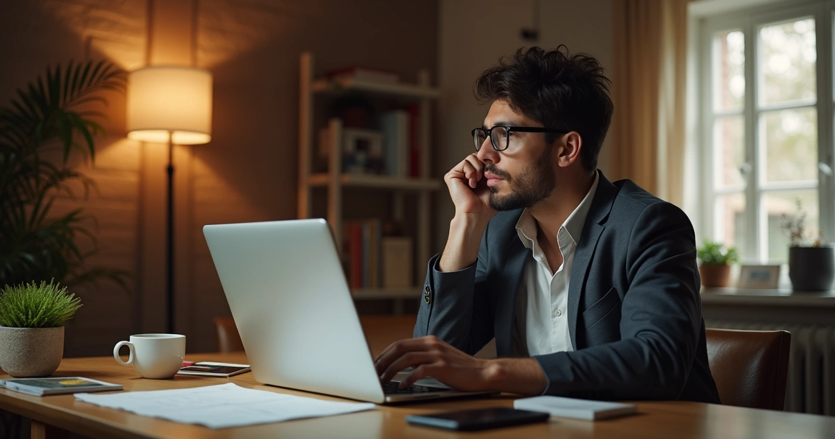 Pessoa usando notebook em casa com expressão de dúvida e tomada de decisão 