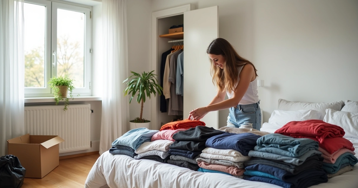 Person sorting clothes on bed during closet decluttering 