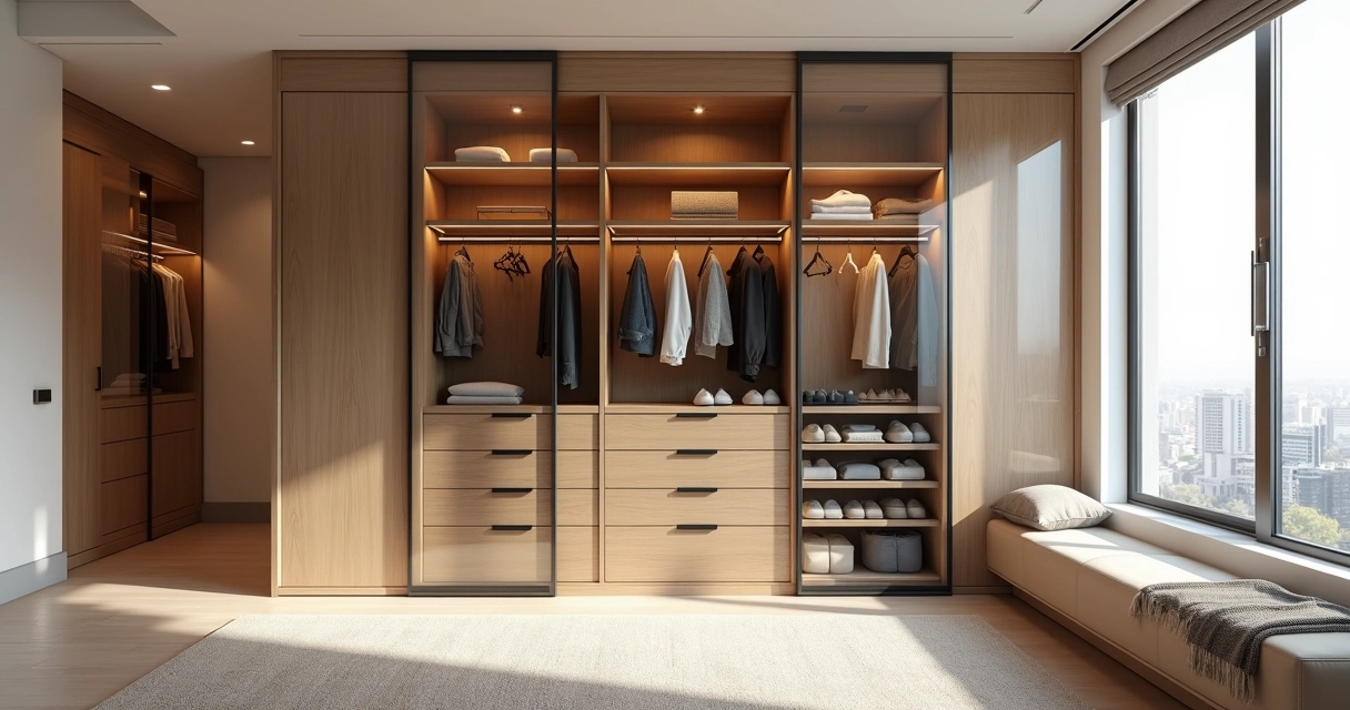 Closet planejado com portas de vidro transparente ampliando o espaço 