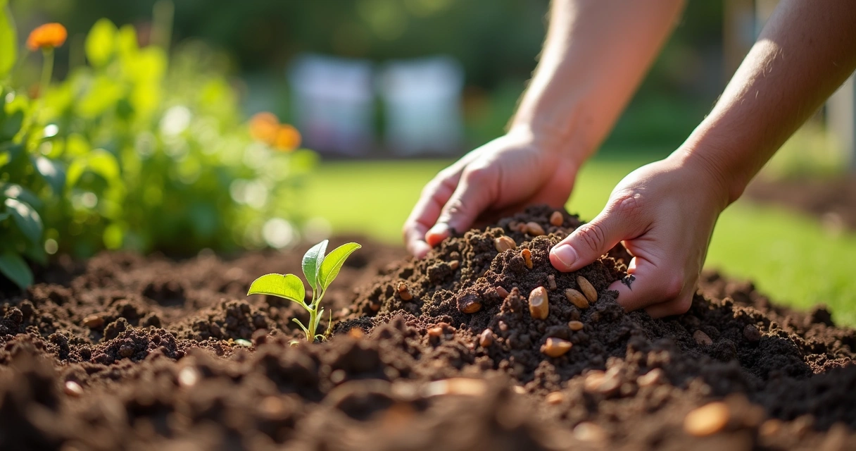 Close-up of hands spreading wood chip mulch on damp soil 