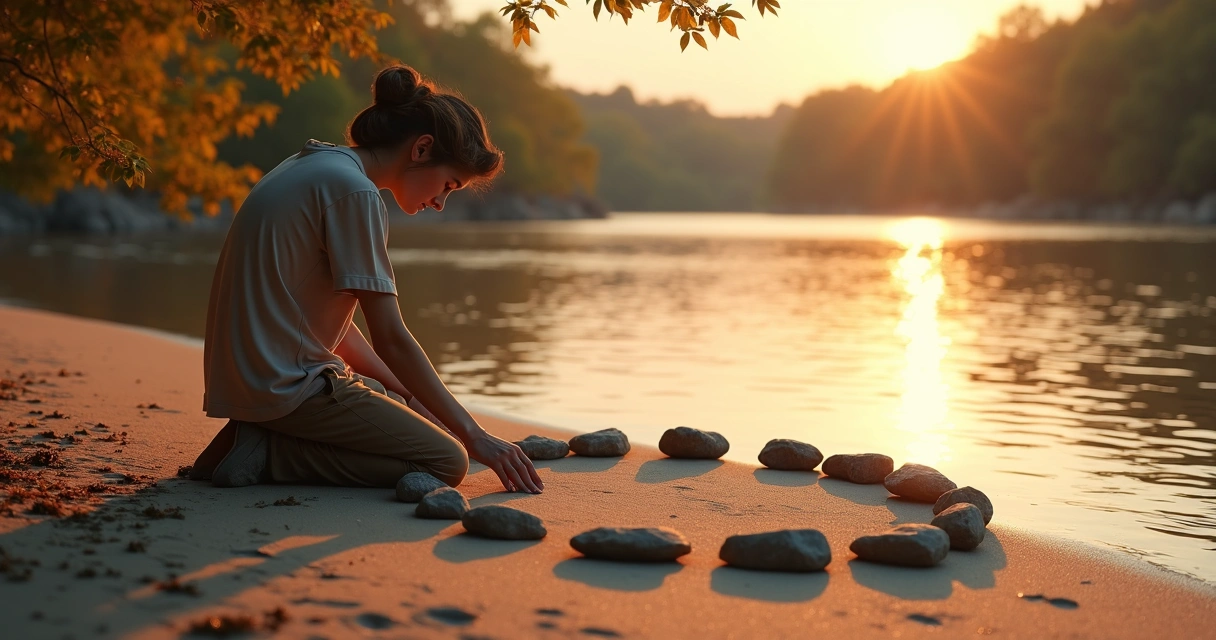 Person arranging stones in a circle by a river at sunset 