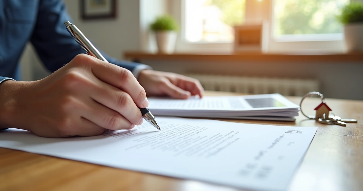 Buyer signs closing papers and holds house keys. 