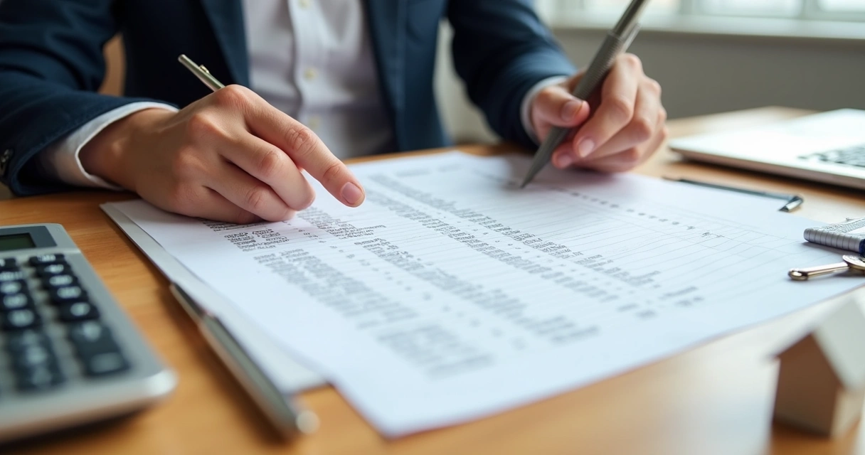 Buyer reviewing closing disclosure with calculator and house keys on desk
