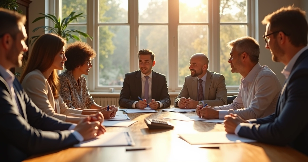 Buyers, seller, and agent meeting around a table with documents 