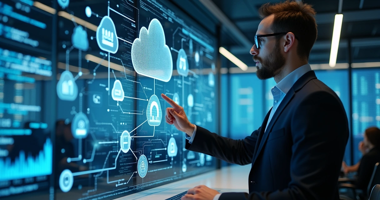 Engineer connecting cloud computing interface with AI nodes 