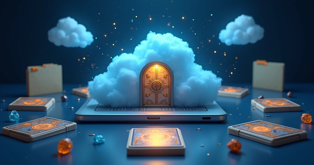 Digital cloud with secure vault and Tarot symbols 