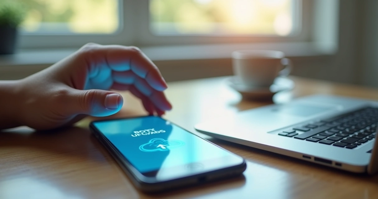 Person saving phone data to a cloud service on smartphone. 