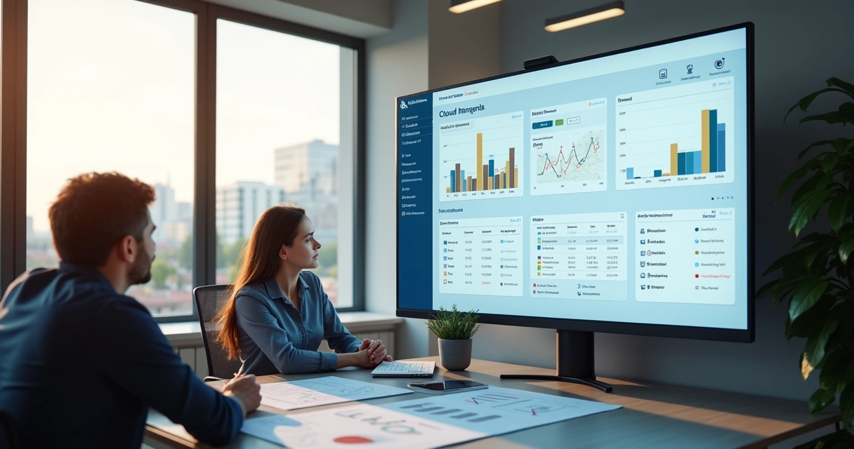 Detailed PMS dashboard on a screen showing real-time property data, analytics, and notifications