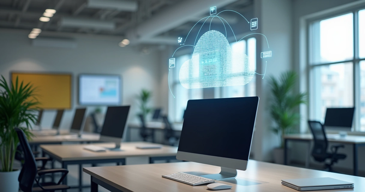 Computadores conectados à nuvem em um escritório moderno 