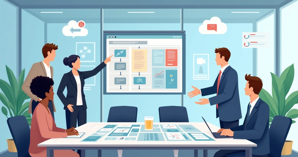 Business team collaborating on digital contracts in modern office 