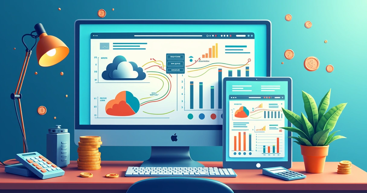 Ilustração mostrando elementos de custo em nuvem, como servidores, armazenamento e rede. 