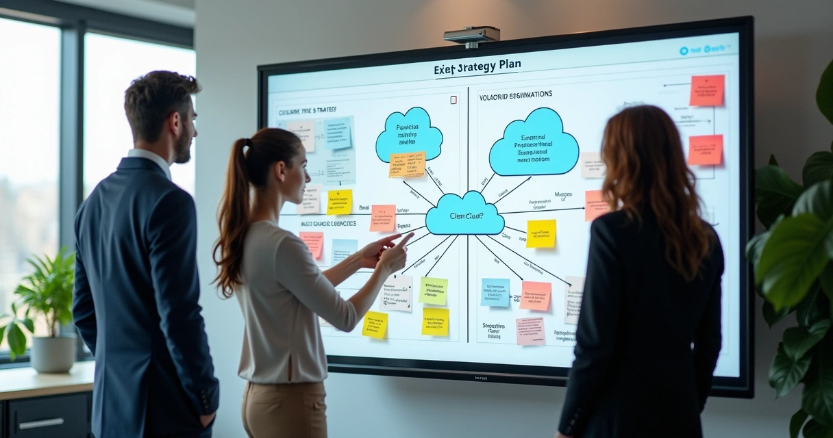 Team planning cloud exit strategy on digital whiteboard 
