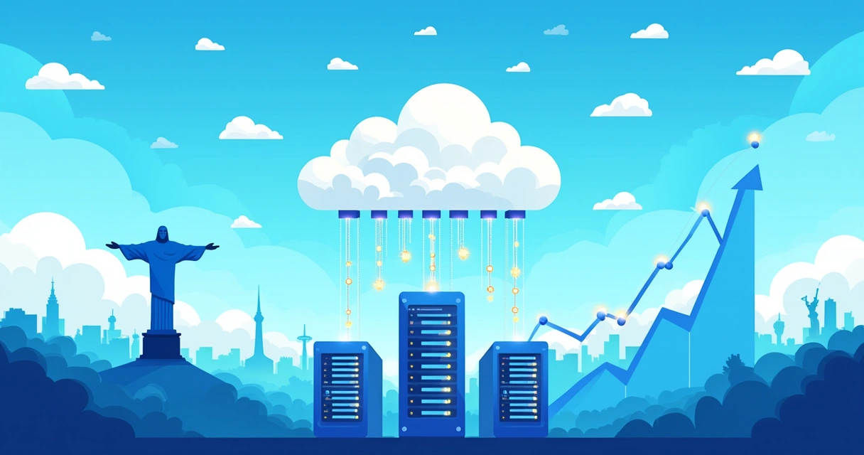 Digital landscape illustrating cloud hosting in Brazil with a stylized cloud, servers, and growth graphs.
