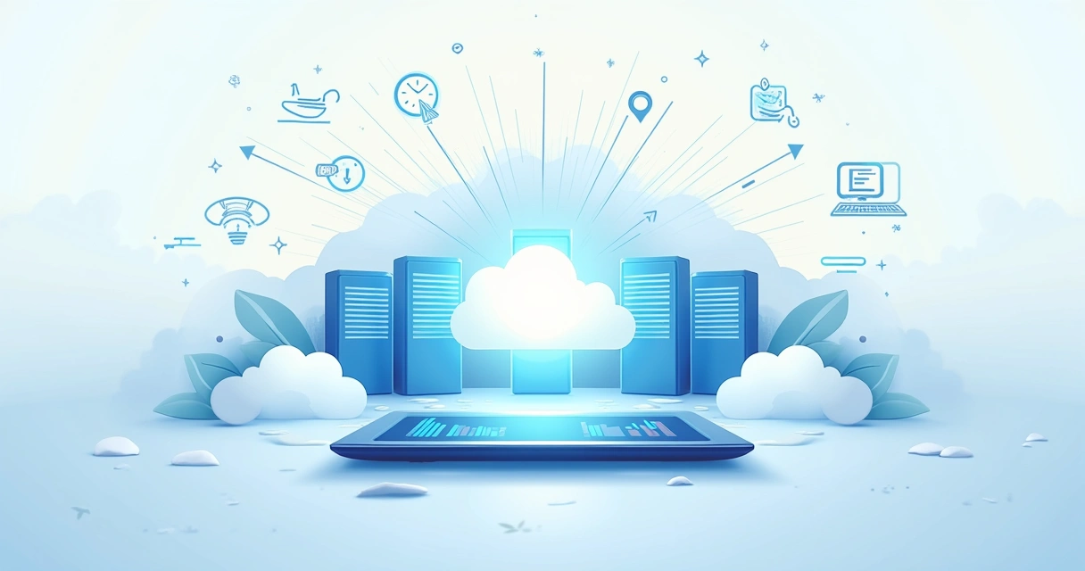 Illustration of interconnected cloud servers with a tablet showing resource metrics and users accessing services from different locations.