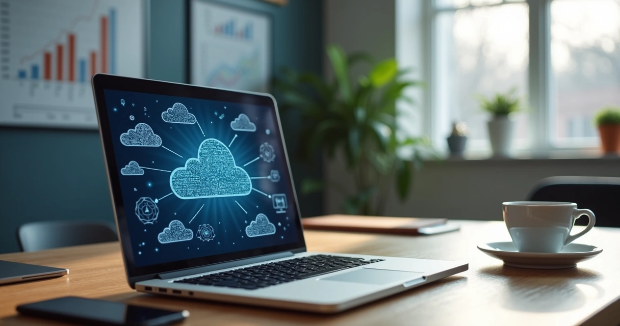 Startup office desk with laptop displaying cloud infrastructure icons 