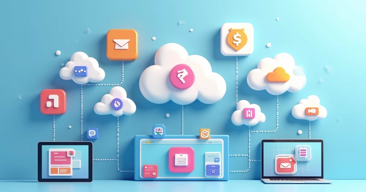 Cloud integration illustration with interconnected software icons 