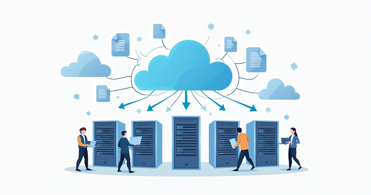 Cloud migration dashboard with servers and cloud icons