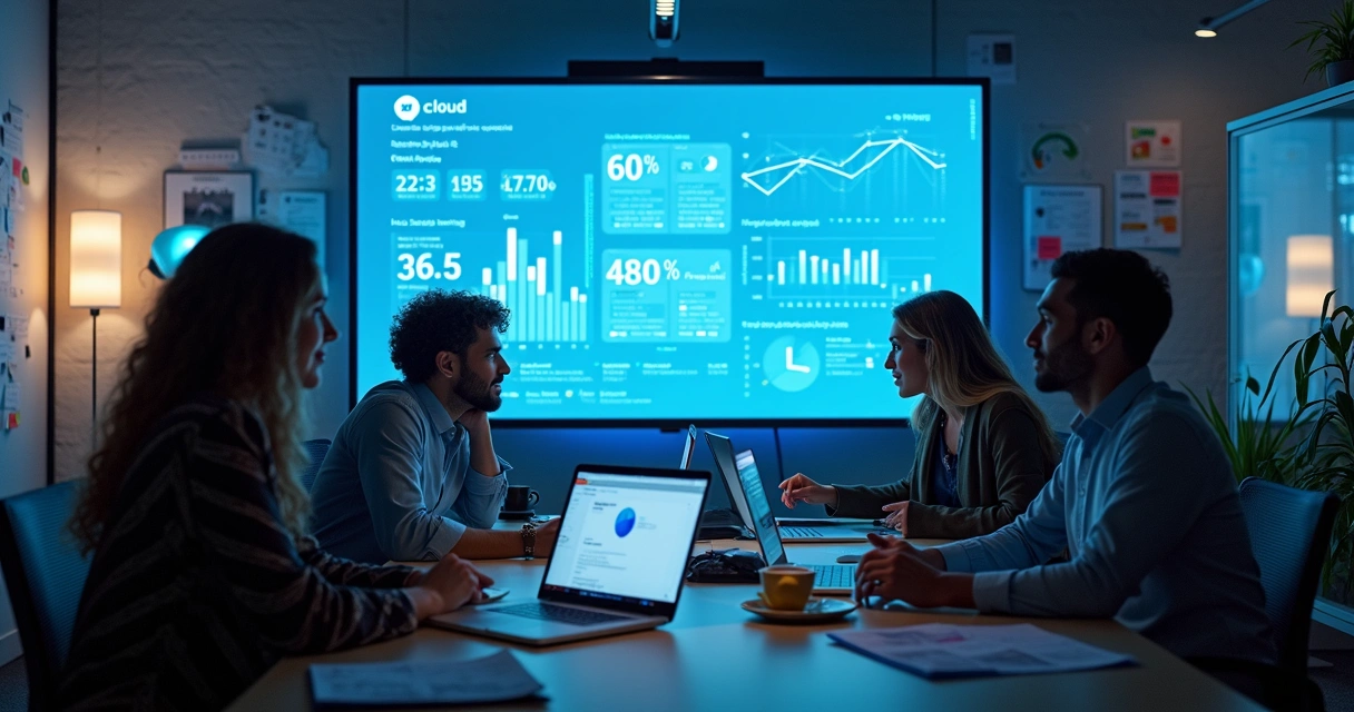 Equipe discutindo frente a painéis com gráficos de nuvem escalando. 