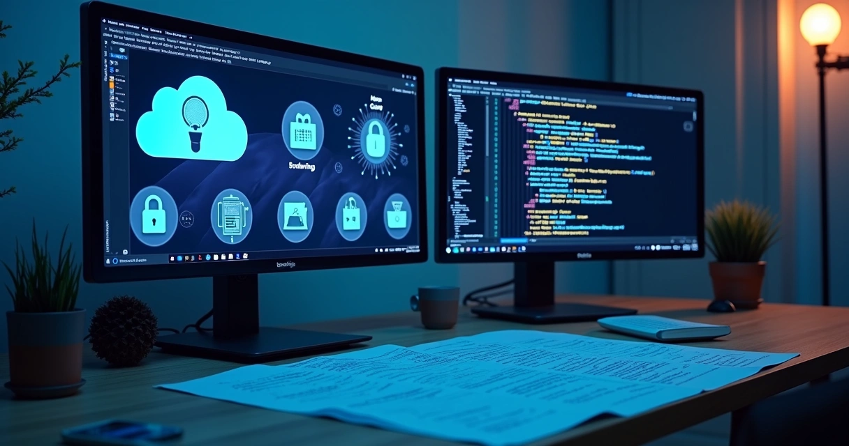 Screen with cloud, security and AI icons, coding window open on modern workstation