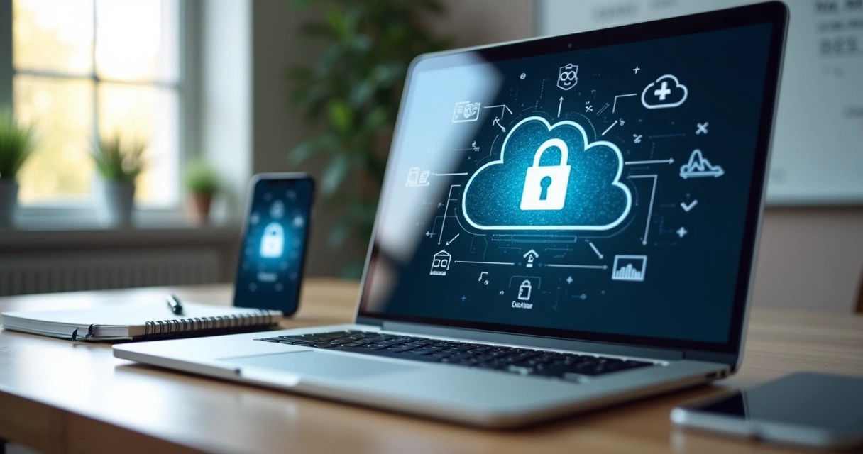 Laptop screen showing cloud icons, security lock 