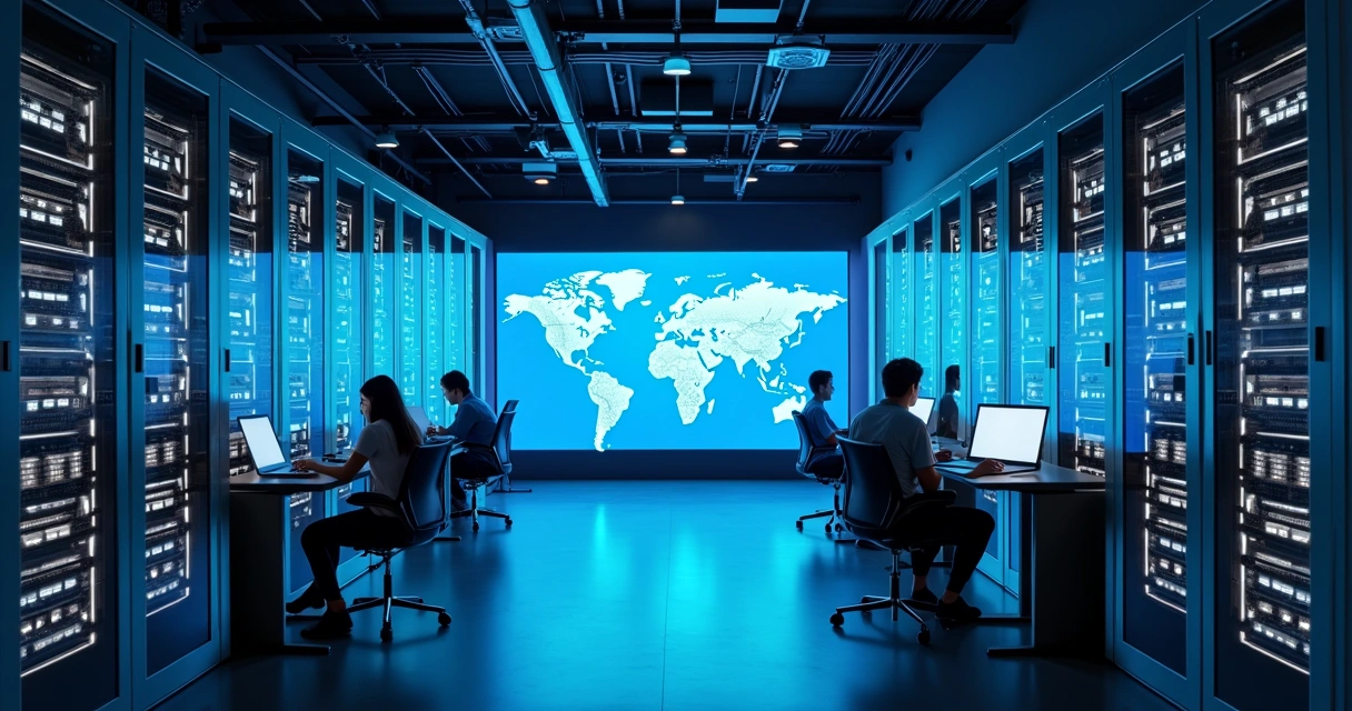 Startup cloud server room with digital screens and global map 