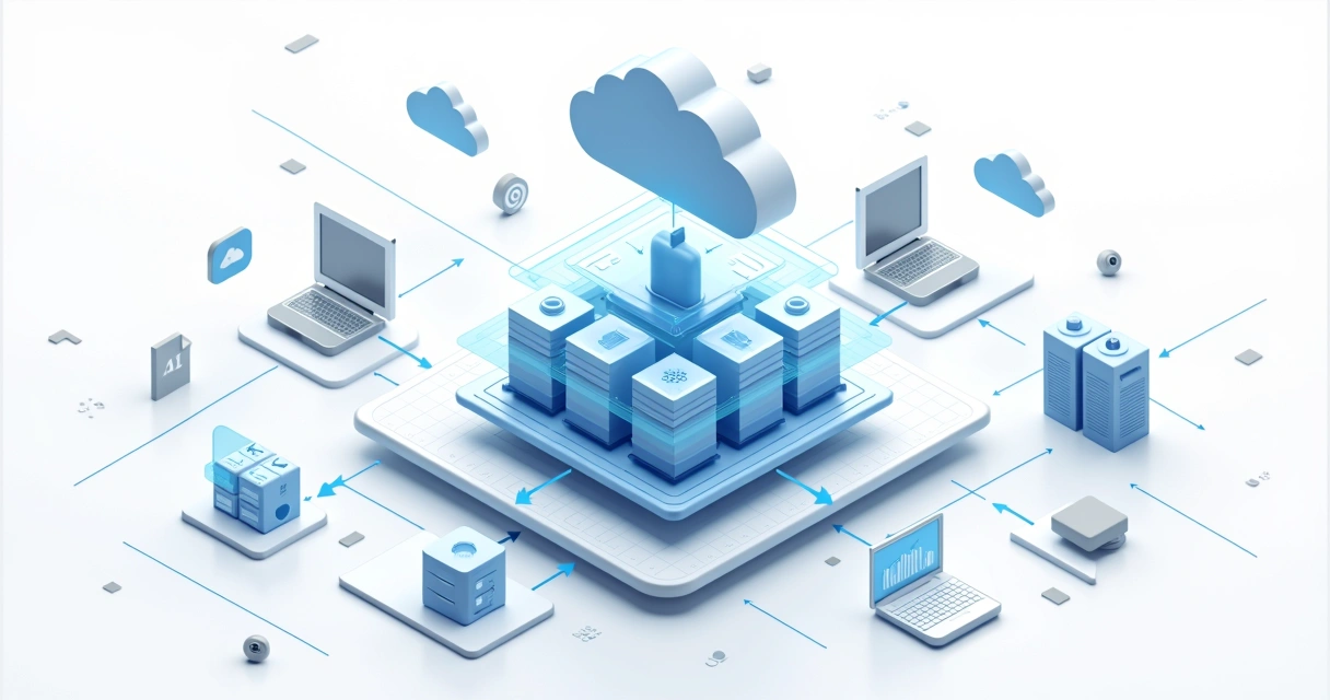 Diagram showing cloud-based software architecture with frontend, backend, and database layers 