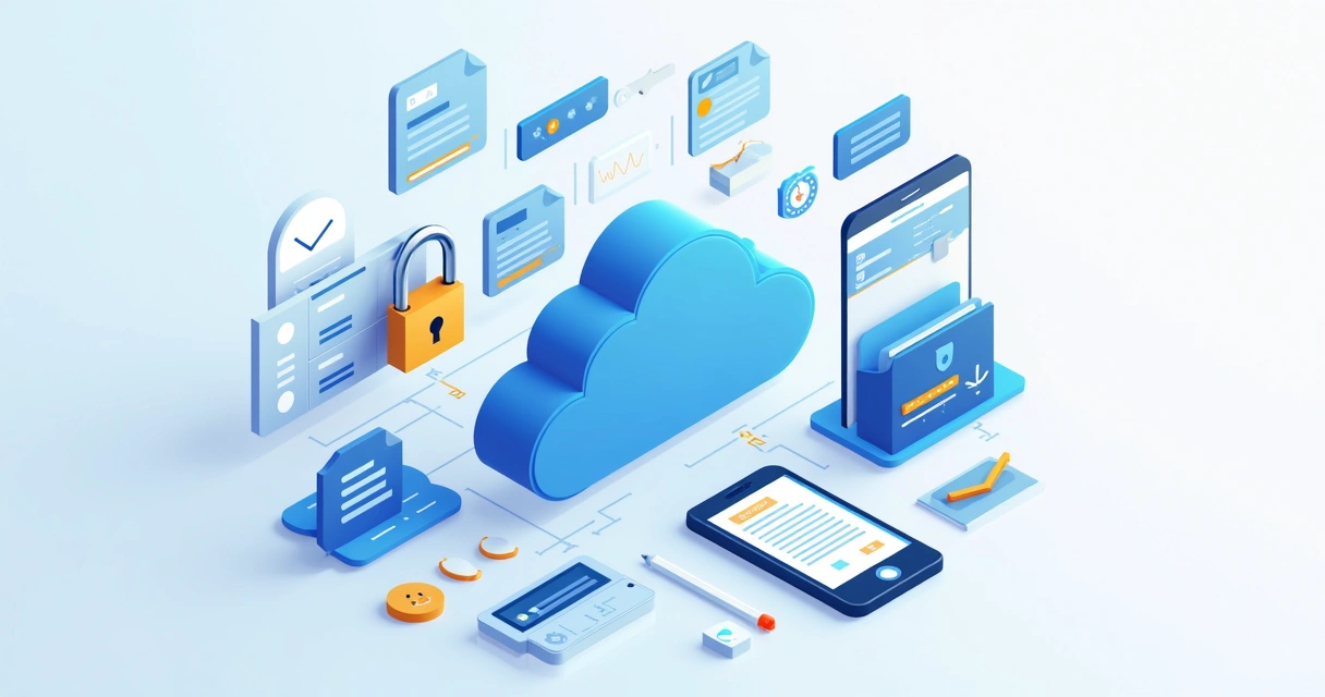 Cloud storage icons and signed documents on a digital dashboard 