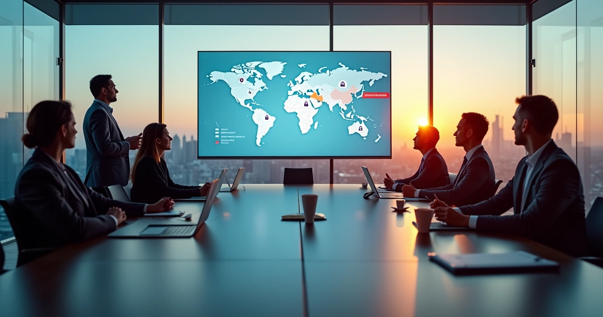 Security expert leading a cloud storage risk briefing in a modern boardroom 