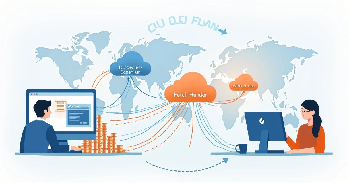 Diagram showing Cloudflare Workers request lifecycle with edge nodes, event handler, and response stream. 