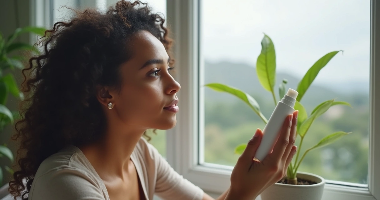Woman applying sunscreen by window on a cloudy day 