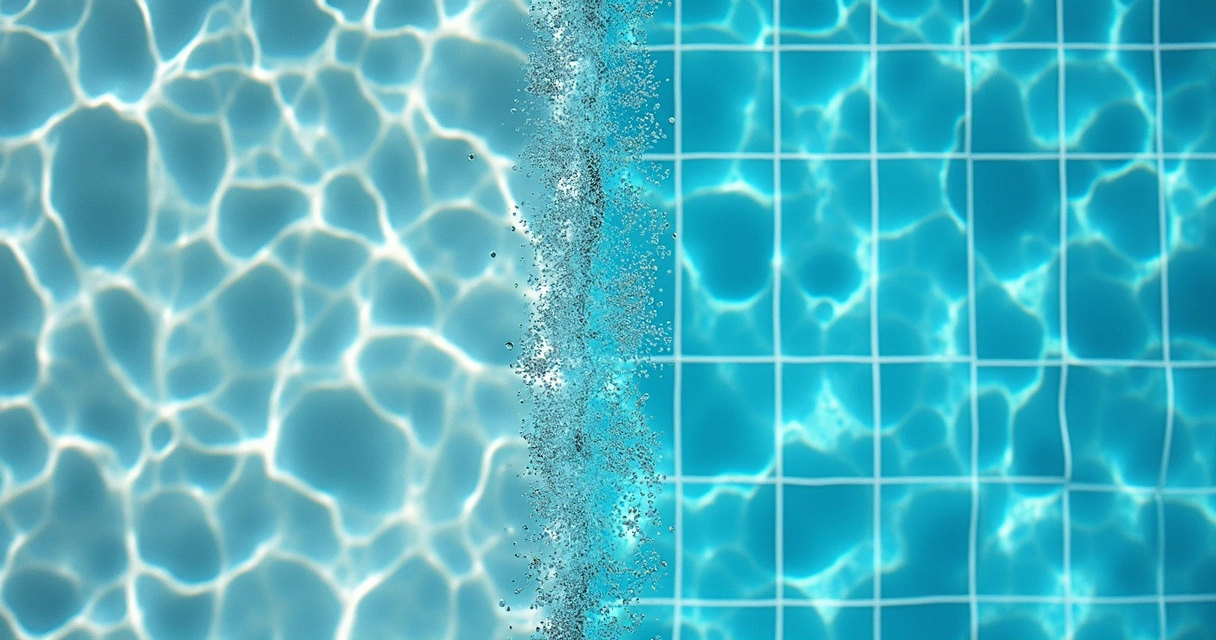 Close-up contrast of cloudy pool water beside crystal clear blue water 
