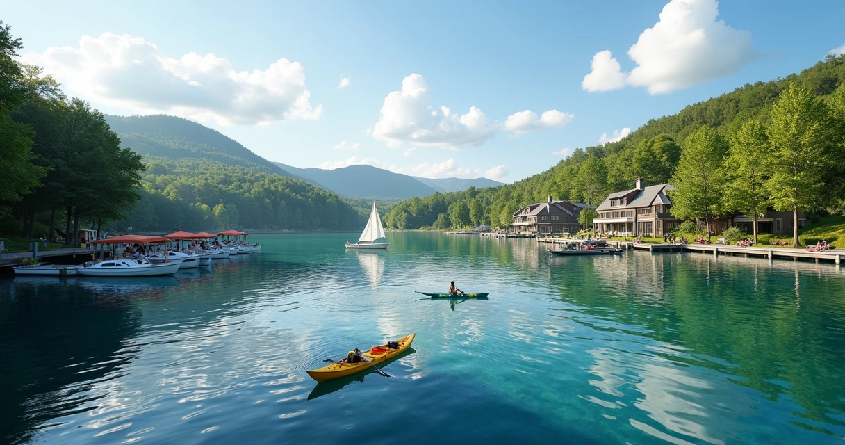 Barcos no lago de resort e área de lazer verde 