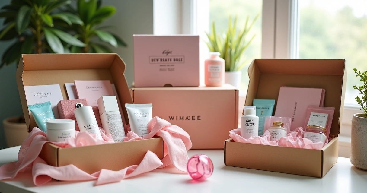 Caixas de assinatura de produtos femininos com itens diversos organizados 