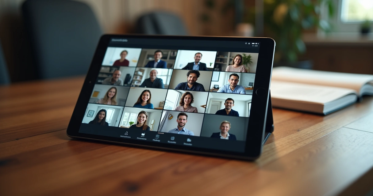 Reunião virtual de clube de assinatura vista em um tablet na mesa