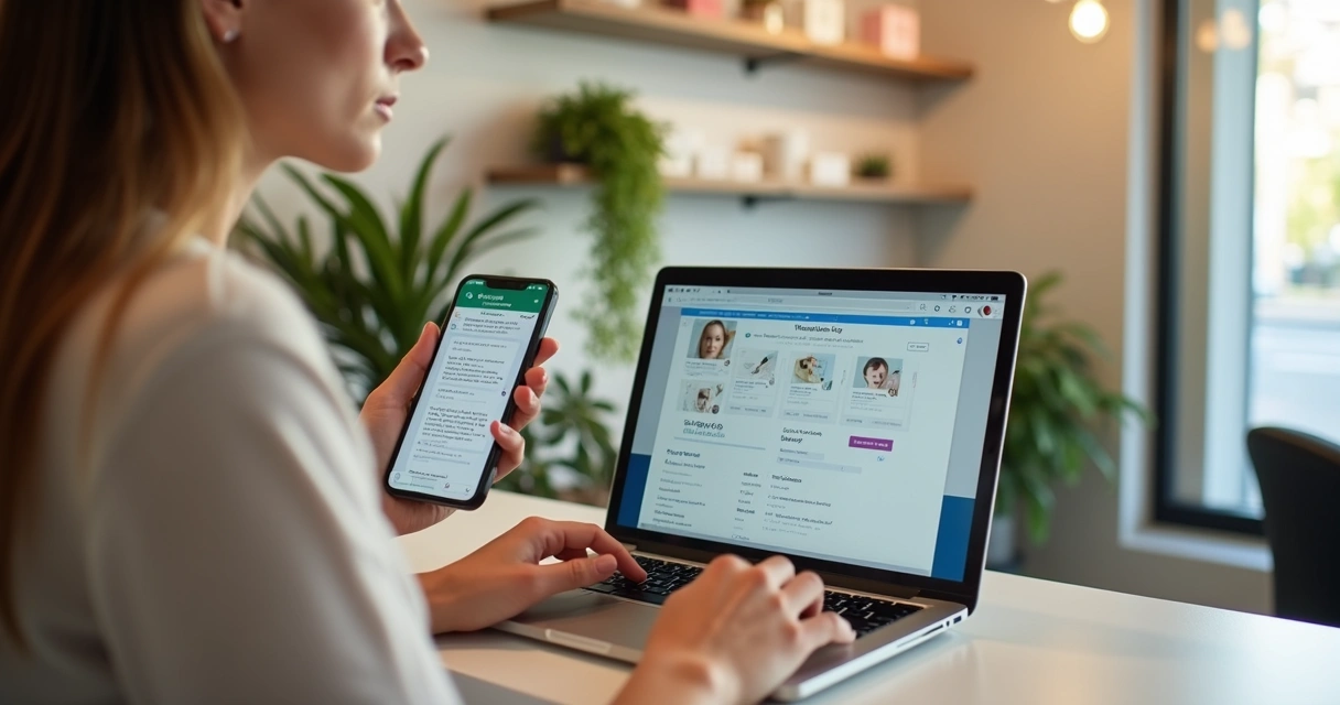 Mulher atendente de salão de beleza usando notebook e celular para gerenciar clube de assinaturas em ambiente moderno e organizado 