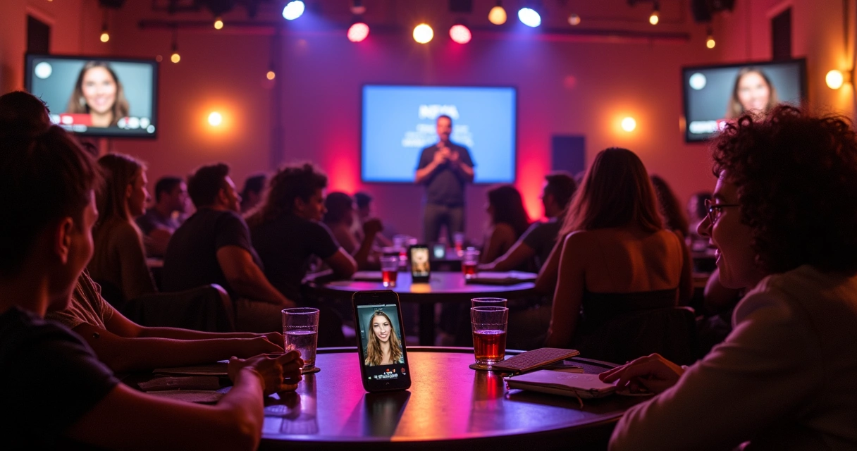 Público sorrindo em clube de comédia com sistema de cobrança por risada 